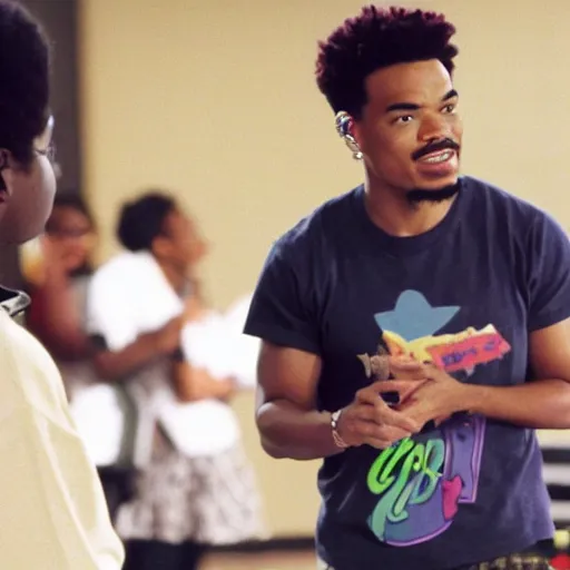 Image similar to a tv still of Chance The Rapper starring as a black college student at Jones College Prep in a 1993 sitcom