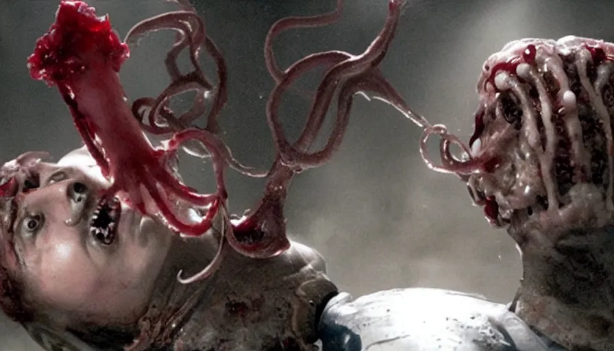 Image similar to Big budget horror movie, a squid bloodily rips off a cyborgs head