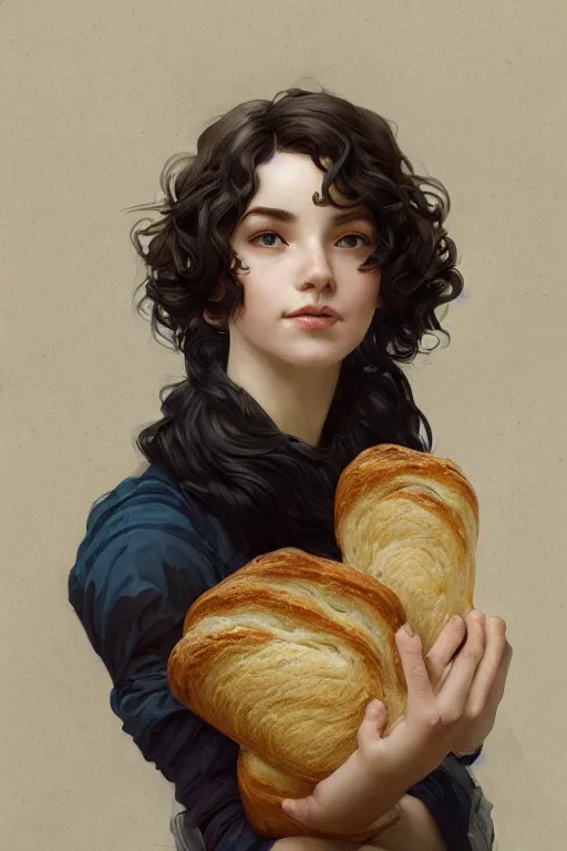 Prompt: beautiful cottagecore of a girl with short black curly hair, round face, cute face, holding a loaf of bread. intricate, elegant. highly detailed, digital painting, artstation, concept art, smooth, sharp, focus, illustration. . art by artgerm and greg rutkowski and alphonse mucha