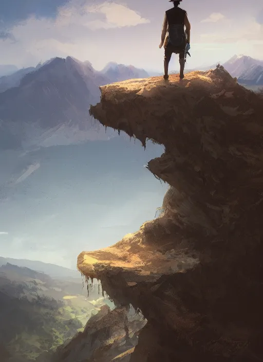 Image similar to a man standing on a viewpoint looking out over a beautiful landscape where new and exciting adventure and potential await, digital art, artstation, inspiring