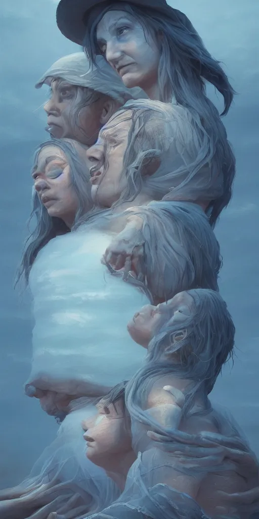 Prompt: a three headed sea hag, extremely detailed oil portrait, digital art, oil painting, cold blue tones, unreal 5 render, rhads, bruce pennington, studio ghibli, tim hildebrandt, digital art, octane render, beautiful composition, trending on artstation, award winning photograph, masterpiece