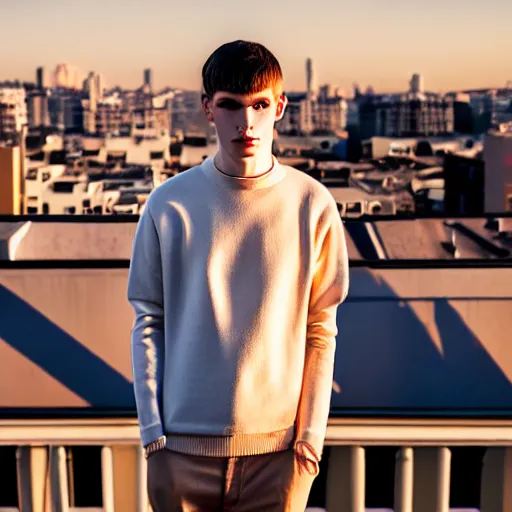 Image similar to un ultra high definition fashion editorial photographic portrait of a pale young man standing on the rooftop of an apartment building wearing all eclectic clothes. wide angle. three point light. extremely detailed. golden hour, golden ratio, ray tracing, volumetric light, shallow depth of field.