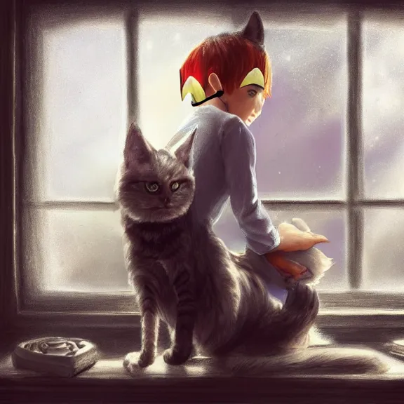 Prompt: boy with cat ears and tail on window sill, fantasy artwork, award winning, hyper detailed, very very very very very very very very very very very very very very very very very beautiful, studio lighting, artstation