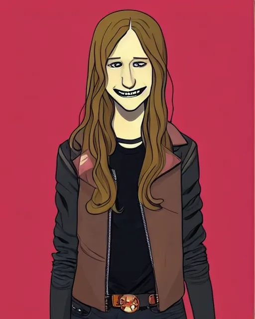 Prompt: beautiful vampire Taissa Farmiga, Jamie McKelvie comic art, sharp vampire teeth, sarcastic smile showing teeth, symmetrical eyes, realistic face, symmetrical face, brown leather jacket, jeans, long black hair, full body