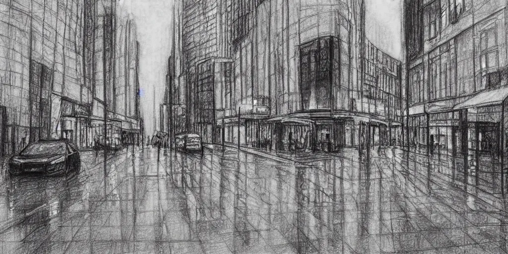 Image similar to a drawn gloomy city in the rain. pencil sketch