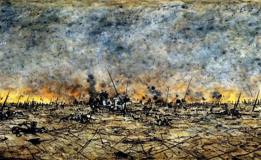 Prompt: painting by anslem kiefer of a battlefield