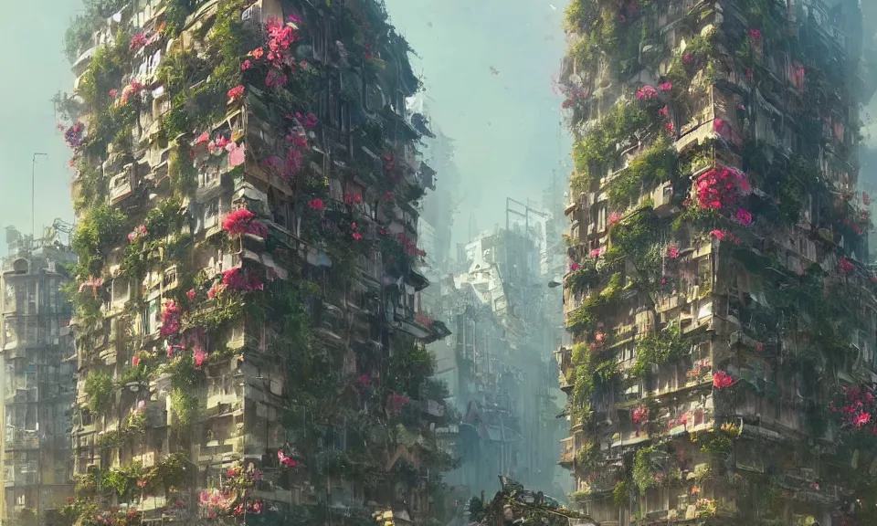 Prompt: A flowerpunk building in a flowerpunk city, designed by Greg Rutkowski. Trending on Artstation