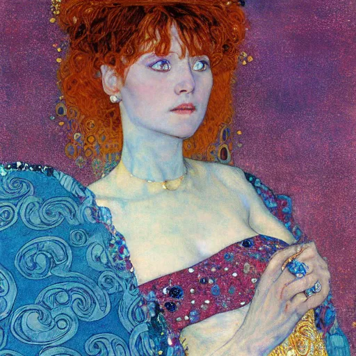 Image similar to An angelic woman with short red hair in light blue garbs by Gustav Klimt, ornate purple background, detailed