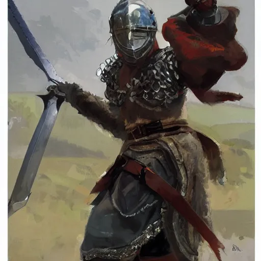 Prompt: portrait of woman wearing helmet and gambeson and chainmail swinging sword, aggressive stance, detailed by greg manchess, craig mullins, bernie fuchs, walter everett