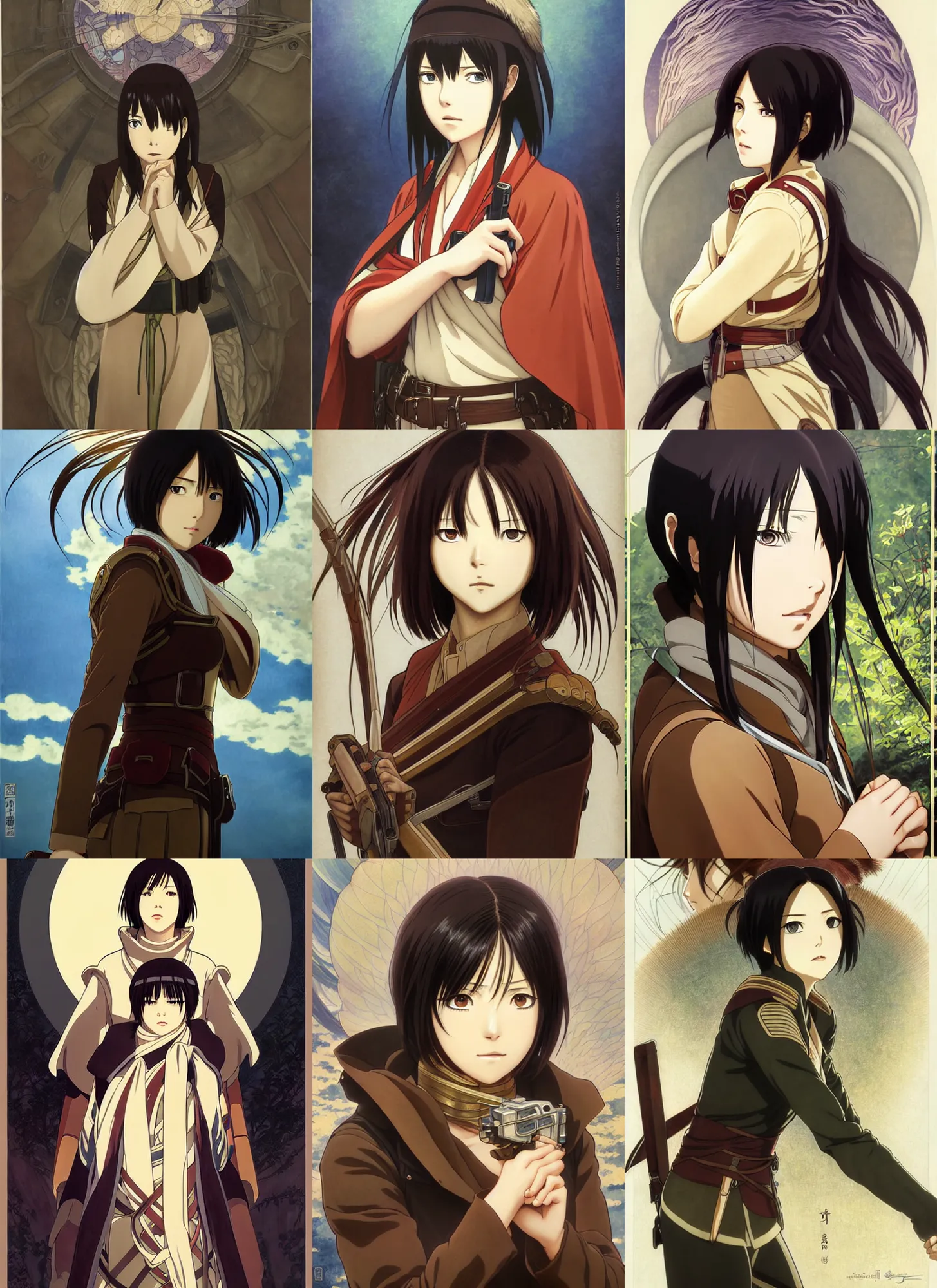 Prompt: portrait of mikasa from aot in odm gear, highly detailed, high quality, digital painting, by studio ghibli and alphonse mucha, leesha hannigan, hidari, art nouveau, chiho aoshima, posuka demizu