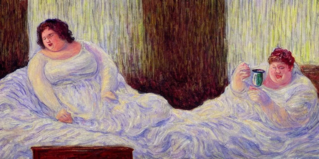 Prompt: a beautiful painting of a beautiful fat woman in a nightgown drinking coffee in a bed with white sheets in the style of in the style of Monet, safe for work