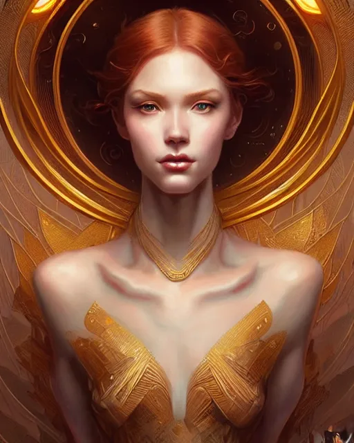 Image similar to Beautiful and playful ethereal ginger portrait, art deco, fantasy, intricate art deco golden designs, elegant, highly detailed, sharp focus, art by Artgerm and Greg Rutkowski and WLOP