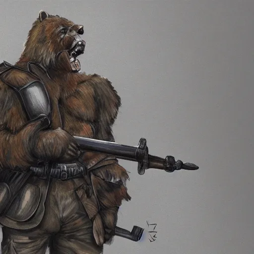 Image similar to concept art of a high fantasy ww1 bear beast-man soldier using a bazooka trending on artstation, detailed high resolution