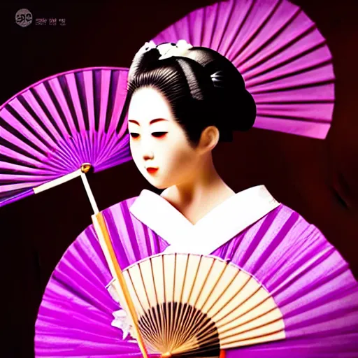 Image similar to Japanese geisha with beautiful violet paper fan, 4k photography, 30 mm lens, cinematic light, warm atmosphere, in style of Kar Wai Wong, cigarette smoke trail