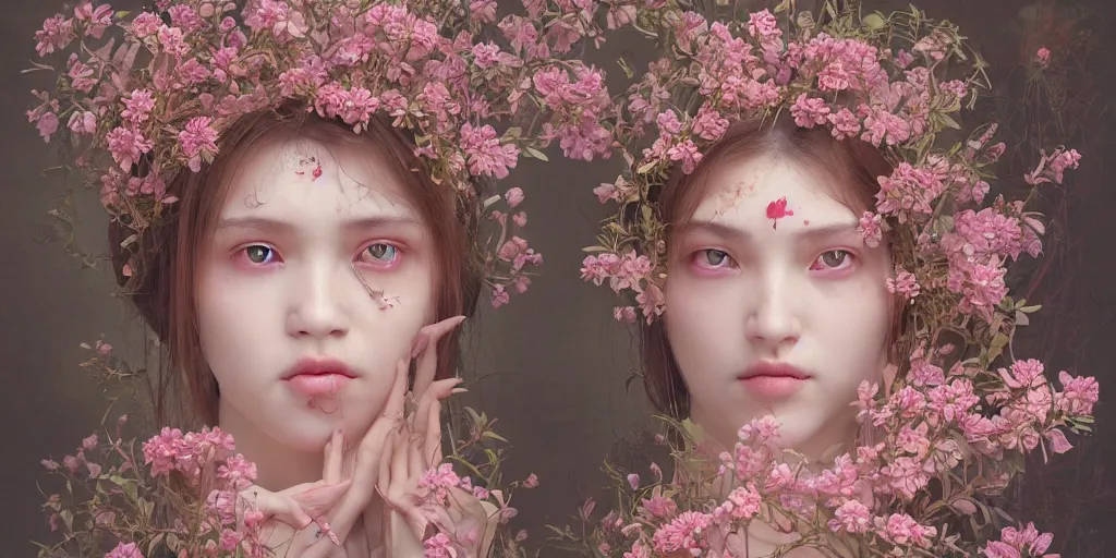 Image similar to breathtaking detailed weird concept art painting of few goddesses of light pink flowers, orthodox saint, with anxious, piercing eyes, ornate background, amalgamation of leaves and flowers, by Hsiao-Ron Cheng, extremely moody lighting, 8K