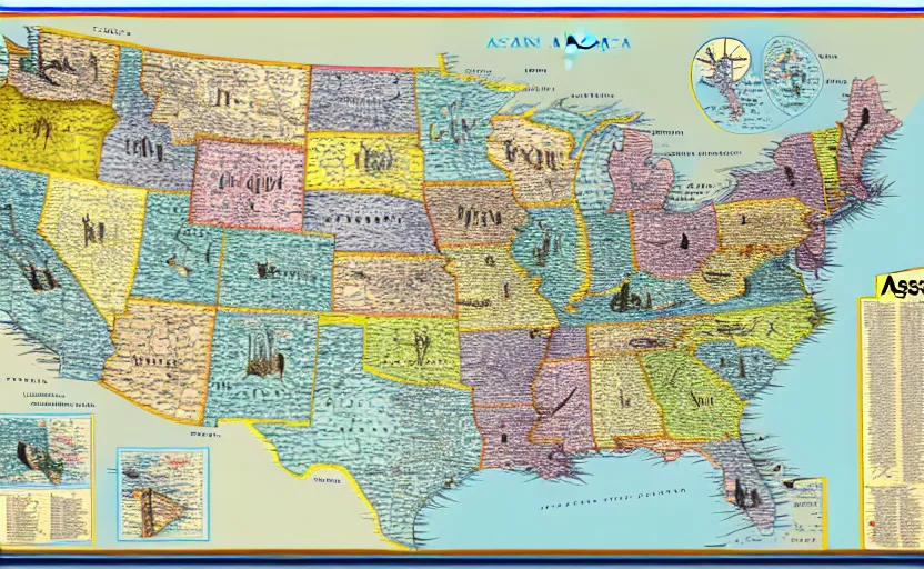 Prompt: aspics of america map, map key, tourist map, brochure, hd, detailed