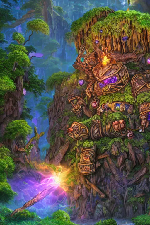 Image similar to zelda fantasy art giant golem troll wood rock greeble gemstone enchanted forest, global illumination ray tracing hdr fanart arstation by sung choi and eric pfeiffer and gabriel garza and casper konefal bastion forged hardmesh lisa frank zbrush central radiating a glowing aura global illumination ray tracing hdr