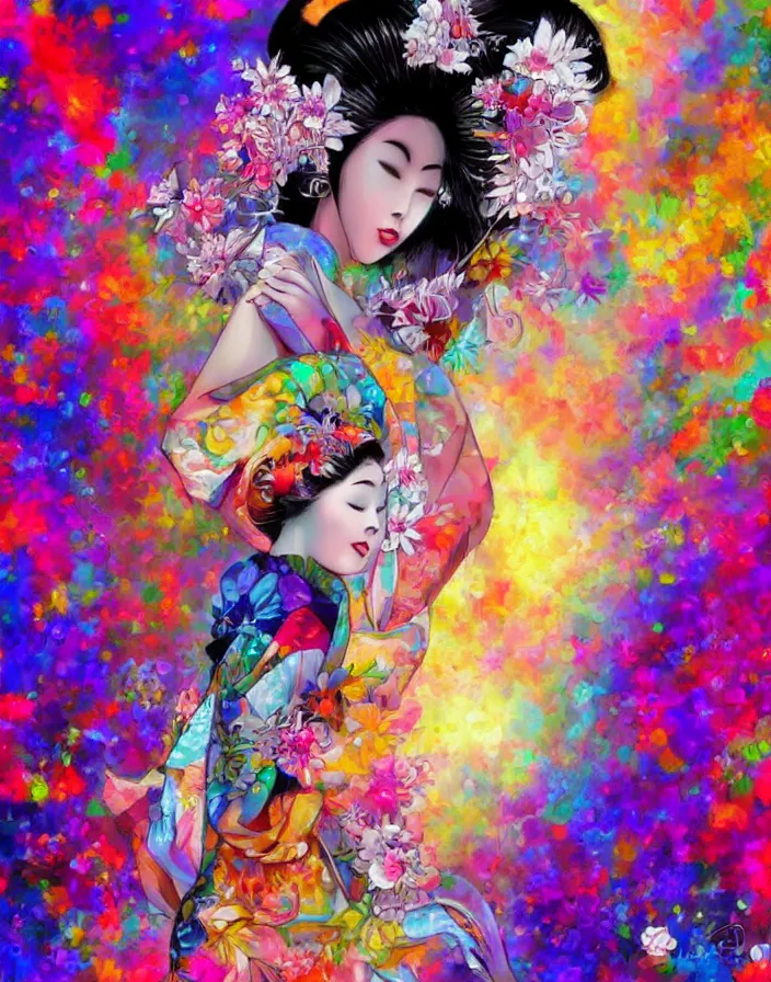 Image similar to semi semi realistic digital painting!! beautiful geisha flying over a colorful city, dramatic, xray melting colors!!