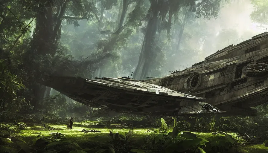 Image similar to a beautiful painting of a crashed millennium falcon in a lush jungle, ray traced lighting by kalin popov and greg rutkowski