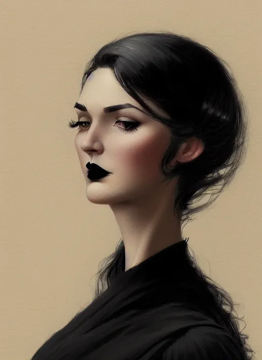 Image similar to portrait of a woman with a crooked nose and a confident expression, 1 9 6 0 s, long hair, black clothes, goth, intricate, elegant, highly detailed, digital painting, artstation, concept art, smooth, sharp focus, illustration, art by wlop, mars ravelo and greg rutkowski
