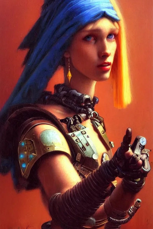 Image similar to full character portrait cyberpunk warhammer 4 0 k, warrior marine the girl with the pearl earring character design, painting by gaston bussiere, katsuya terada, frank frazetta, tom of finland, trending on artstation