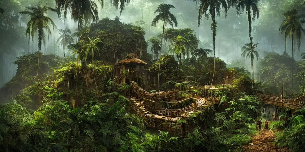 Image similar to amazon jungle, wall wood fortress, Photorealistic, plants environment, wide angle, establishing shot, cinematic lighting, atmospheric, realistic, octane render, highly detailed, color graded, matte painting in the style of craig mullins