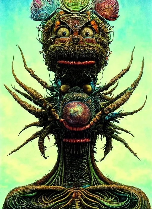 Prompt: a high quality photo of a strange insectoid muppet god with furry fuzzy body and many segmented legs, absurdist fantasy, sharp focus, vibrant, vivid, symmetry, highly detailed, cinematic, intricate lines, concept art by giger, lisa frank, beksinski, emil melmoth