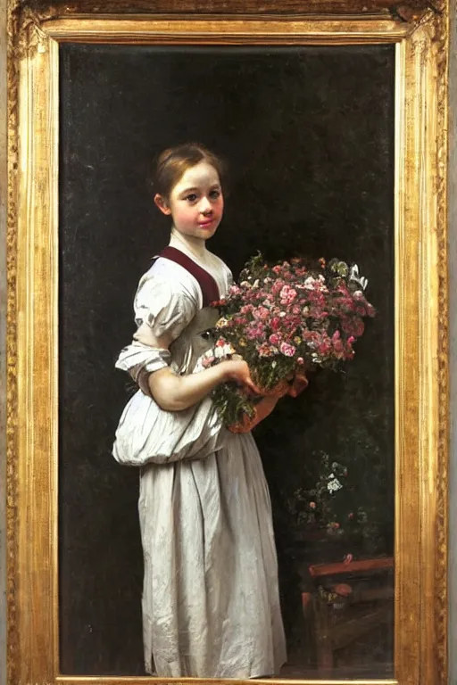 Image similar to Richard Schmid and caravaggio full length portrait painting of a young beautiful edwardian girl hold a large bouquet of flowers standing in a cottage garden