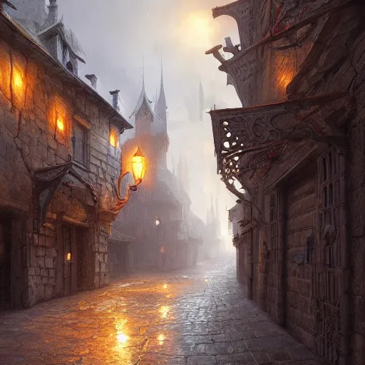 Prompt: streets of a medieval town, street leading to a fantasy castle, dramatic lighting, city background, chiaroscuro, high detail, painted by greg rutkowski, painted by igor kieryluk, painted by bobby chiu, trending on artstation
