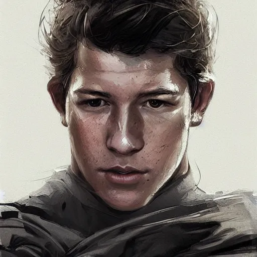 Image similar to portrait of a man by greg rutkowski, he looks like tye sheridan, he is about 2 0 years old, messy brown hair, tired eyes, he is wearing a black and white kevlar superhero suit, highly detailed portrait, digital painting, artstation, concept art, smooth, sharp foccus ilustration, artstation hq