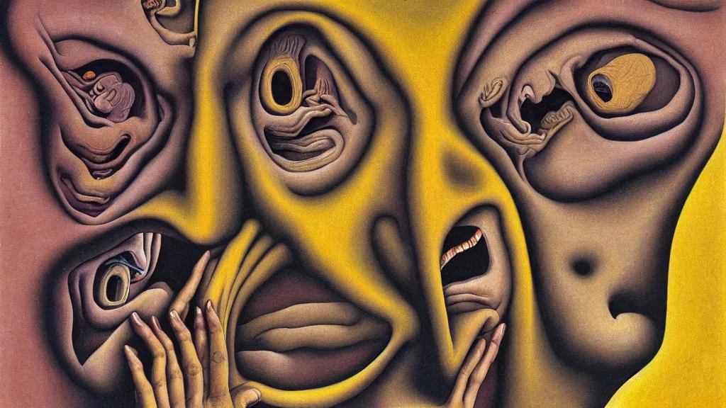 Prompt: a weeping man screams in agony, closeup on face, extreme facial symmetry |, afterlife, souls in joy and agony | abstract oil painting, gouche on paper by MC Escher and Salvador Dali |