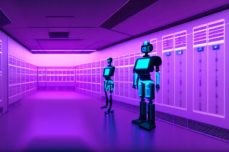 Image similar to realistic robot in a data server room, cyberpunk neon and dark, purple and blue color scheme, by beeple and malevich
