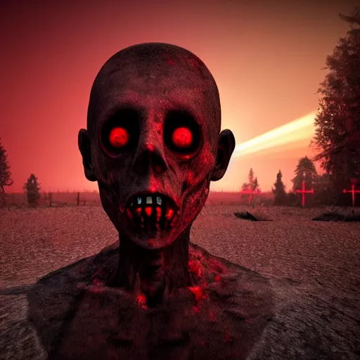 Prompt: new planet, red, red sky, beaten up man, depth, creepy, monsters, eyes, graveyard, death, dead, red eyes, 8k, hyperrealistic, depth, vray, high resoulution, eathly