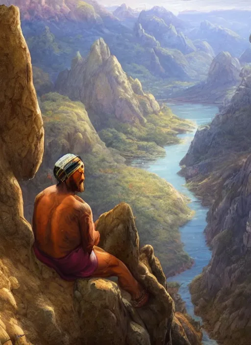 Prompt: an indigenous man sitting at the top of a cliff, looking down at the valley, doing a vision quest, fantasy art, matte painting