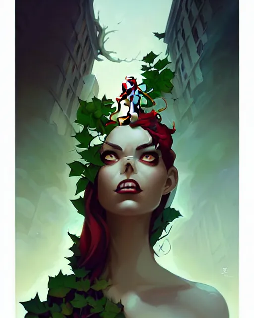 Image similar to peter mohrbacher, phil noto comicbook cover art, artgerm, emma stone poison ivy, vines, symmetrical eyes, city rooftop