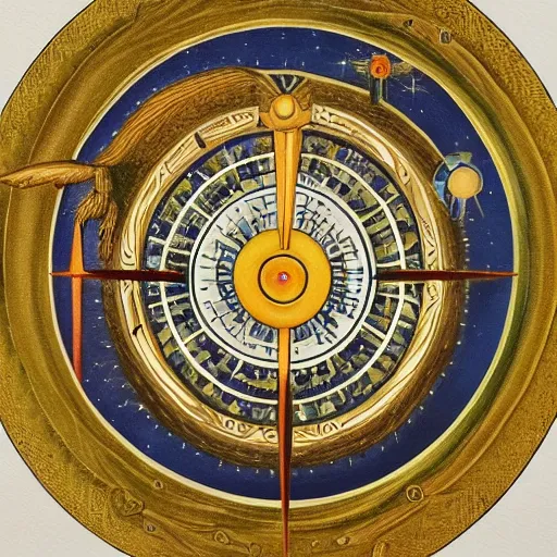 Prompt: night of the ophanim is a painting featuring the angel's heavenly interlocking gemma's astronomical equinoctal sundial rings concentric wheels engraved with eyes