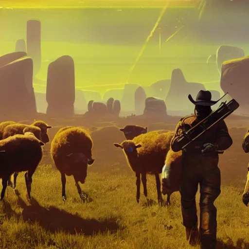 Prompt: Cyberpunk cowboys herding sheep in a No Man's Sky landscape in the style of Frederic Remington