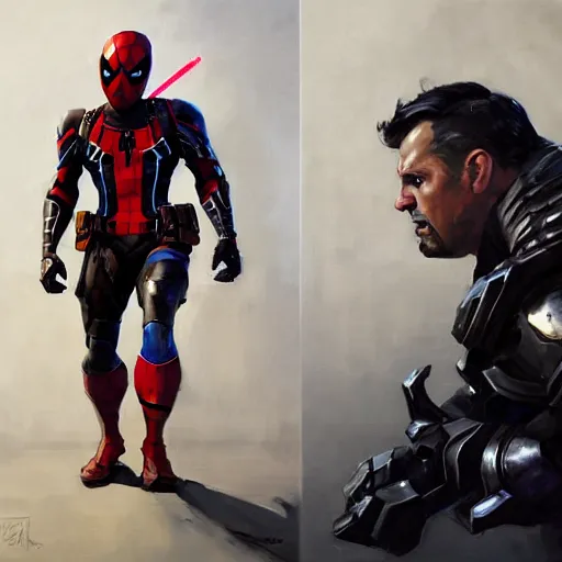 Image similar to greg manchess portrait painting of an armored dark deadpool iron spiderman as overwatch character, medium shot, asymmetrical, profile picture, organic painting, sunny day, matte painting, bold shapes, hard edges, street art, trending on artstation, by huang guangjian, gil elvgren, ruan jia, greg rutkowski, gaston bussiere