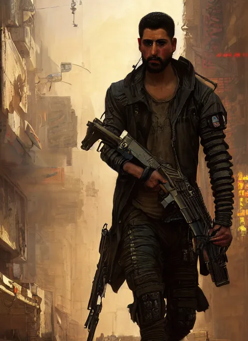 Prompt: 👳♂. cyberpunk mercenary in a military vest ( blade runner 2 0 4 9, cyberpunk 2 0 7 7 ). orientalist portrait by john william waterhouse and james gurney and theodore ralli and nasreddine dinet, oil on canvas. cinematic, hyper realism, realistic proportions, dramatic lighting, high detail 4 k