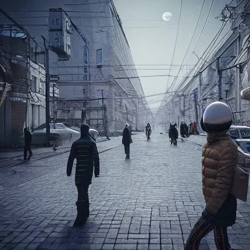 Image similar to Street photo in a crowded future Russian city on Moon, Neo Norilsk, sci-fi, 35mm, intricate, very very beautiful, elegant, highly detailed, smooth, Unreal Engine 5, sharp focus, by Evgeny Zubkov, by Marat Zakirov, trending on Behance