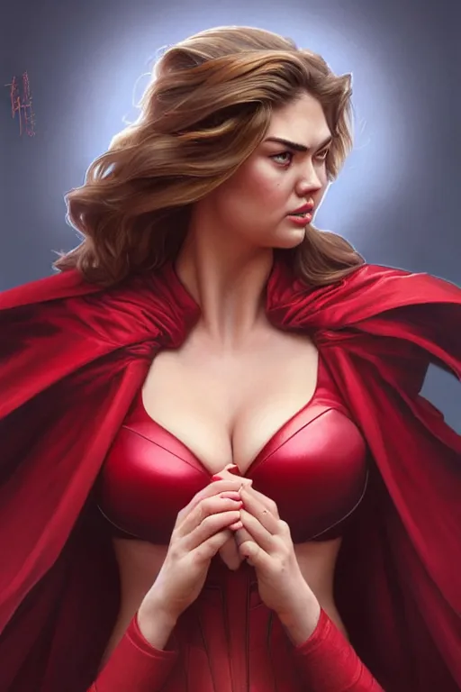 Prompt: kate upton as scarlet witch, realistic portrait, symmetrical, highly detailed, digital painting, artstation, concept art, smooth, sharp focus, illustration, cinematic lighting, art by artgerm and greg rutkowski and alphonse mucha