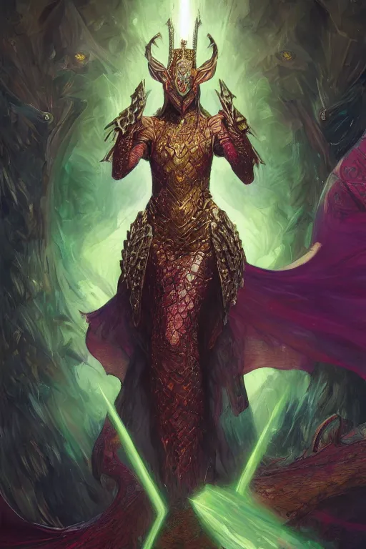 Prompt: masterpiece digital painting of a queen reptilian, dragoncentered, heavy gold obsidian armor, chaotic ruby inlays, large cape, by kev walker and greg rutkowski and mucha, background, green sparkles, artstation, deviantart, closer view, cinematic lights