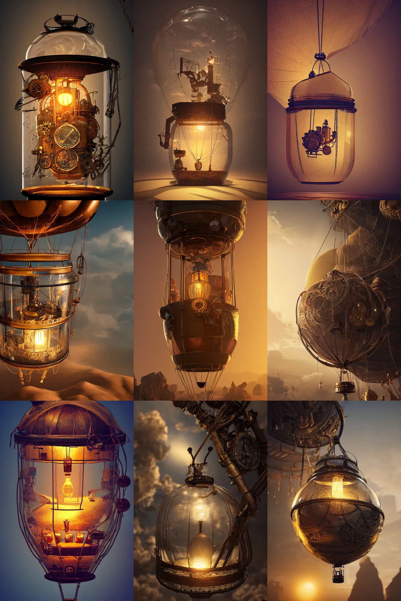 Prompt: steampunk hot air balloon, inside a glass jar buried in sand, intricate detail, volumetric lighting, epic composition, hyper detailed, ultra realistic, sharp focus, octane render, ray tracing, sense of awe, swirling mist, 4 k