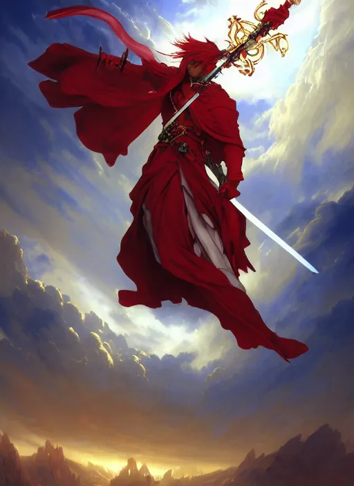 Image similar to A boisterous Red Mage wearing striped shining armor holding a staff of power surrounded by an epic cloudscape. The Magus Omega . Red Wizard. Morpheus. masterpiece. 4k digital illustration. by Ruan Jia and Artgerm and Andreas Rocha and William-Adolphe Bouguereau and Edmund Blair Leighton. award winning, Artstation, intricate details, realistic, Hyperdetailed, 8k resolution. Concept Painting. Key Art