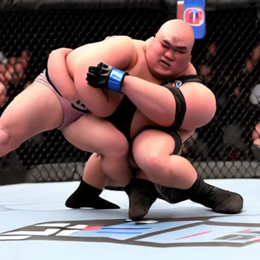 Image similar to robocop sumo wrestler getting body slammed in the ufc octagon