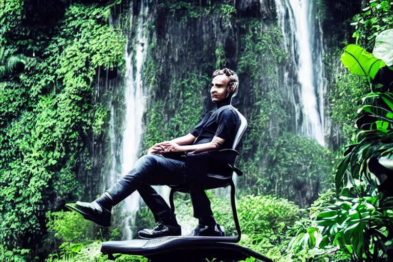 Image similar to movie closeup young man with a grey beard in a cyberpunk suit sitting on a futuristic chair at the edge of a jungle waterfall by emmanuel lubezki