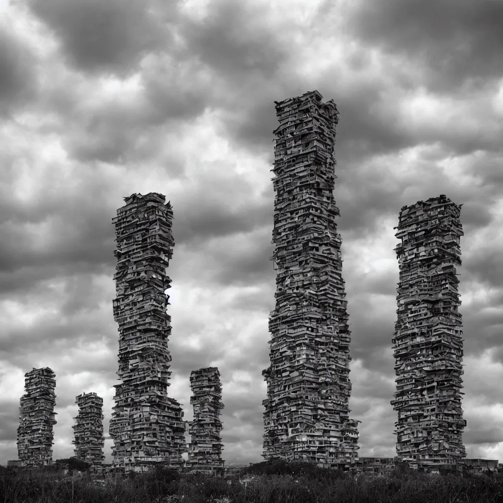 Image similar to close - up towers made up of squatter housing, bleached colours, dramatic cloudy sky, dystopia, mamiya, very detailed, ultra sharp, photographed by ansel adams