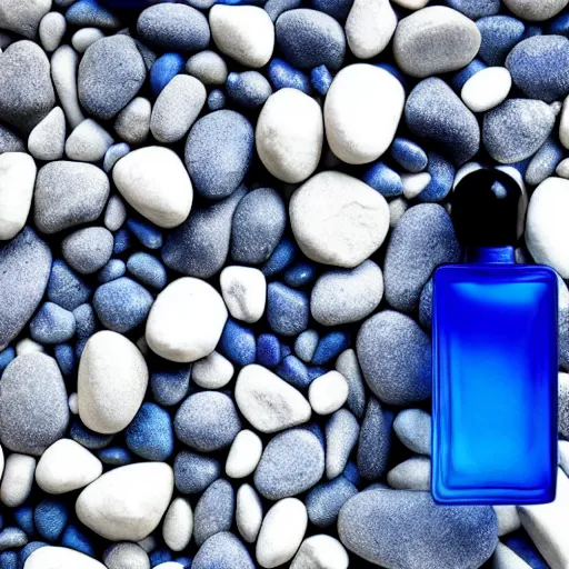 Prompt: blue perfume bottle lying on white pebbles close shot, white background, zen, light, modern minimalist f 2 0 clean and fresh