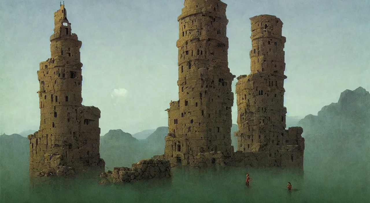 Image similar to single flooded simple ancient! cursed stone tower, very coherent and colorful high contrast!! masterpiece by rene magritte simon stalenhag carl spitzweg syd mead norman rockwell edward hopper james gilleard, surrealism!, minimalist, dark shadows, sunny day, hard lighting