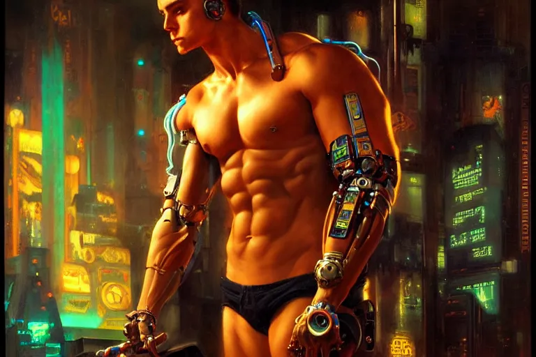 Image similar to cyberpunk style, attractive muscular male with tattoo, robotic arm, neon lights, cool tint, painting by gaston bussiere, craig mullins, j. c. leyendecker, tom of finland